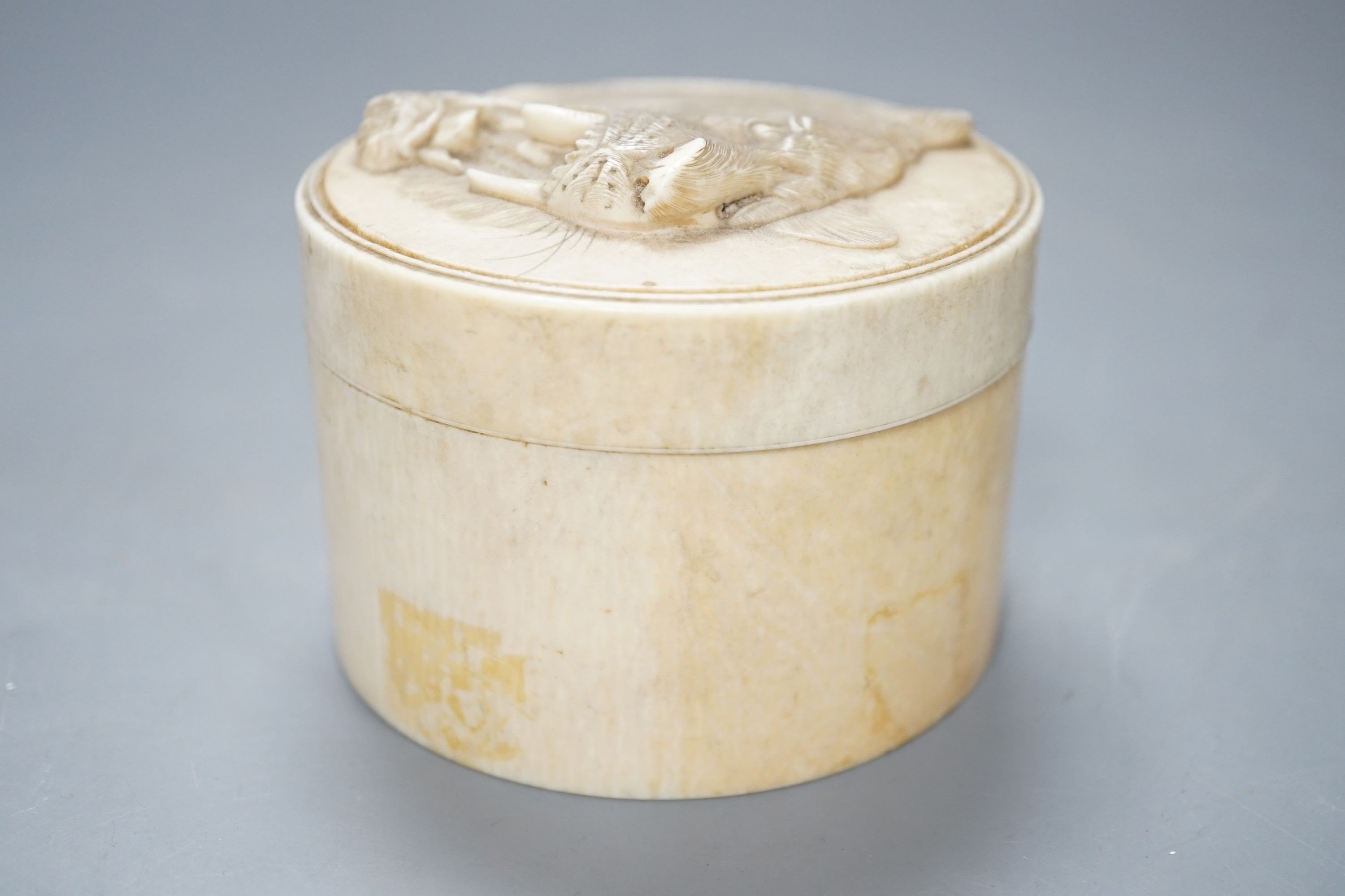 A Japanese ivory box and cover, Meiji period, carved with tigers, 9.2cm